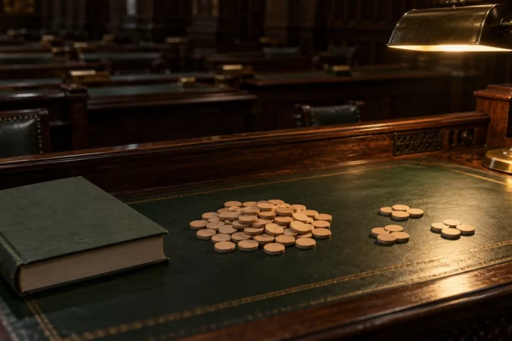 Des jetons de bois répartis en quatre groupes inégaux sur un pupitre parlementaire de cuir vert, à côté d'un livre de règlement fermé.