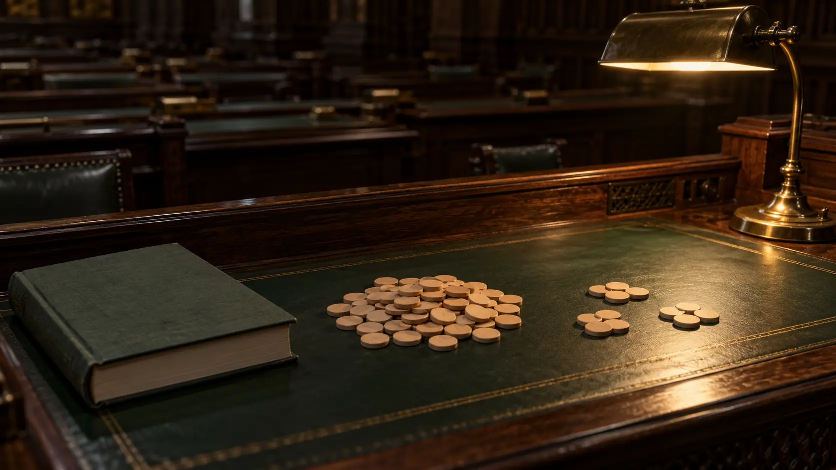 Des jetons de bois répartis en quatre groupes inégaux sur un pupitre parlementaire de cuir vert, à côté d'un livre de règlement fermé.