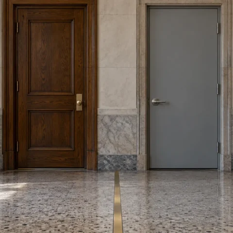 Deux portes voisines dans un couloir de palais de justice, l'une en chêne, l'autre grise