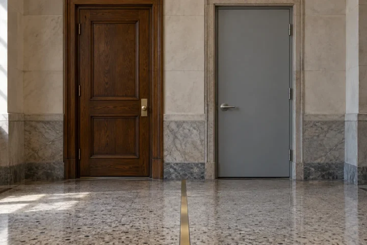 Deux portes voisines dans un couloir de palais de justice, l'une en chêne, l'autre grise