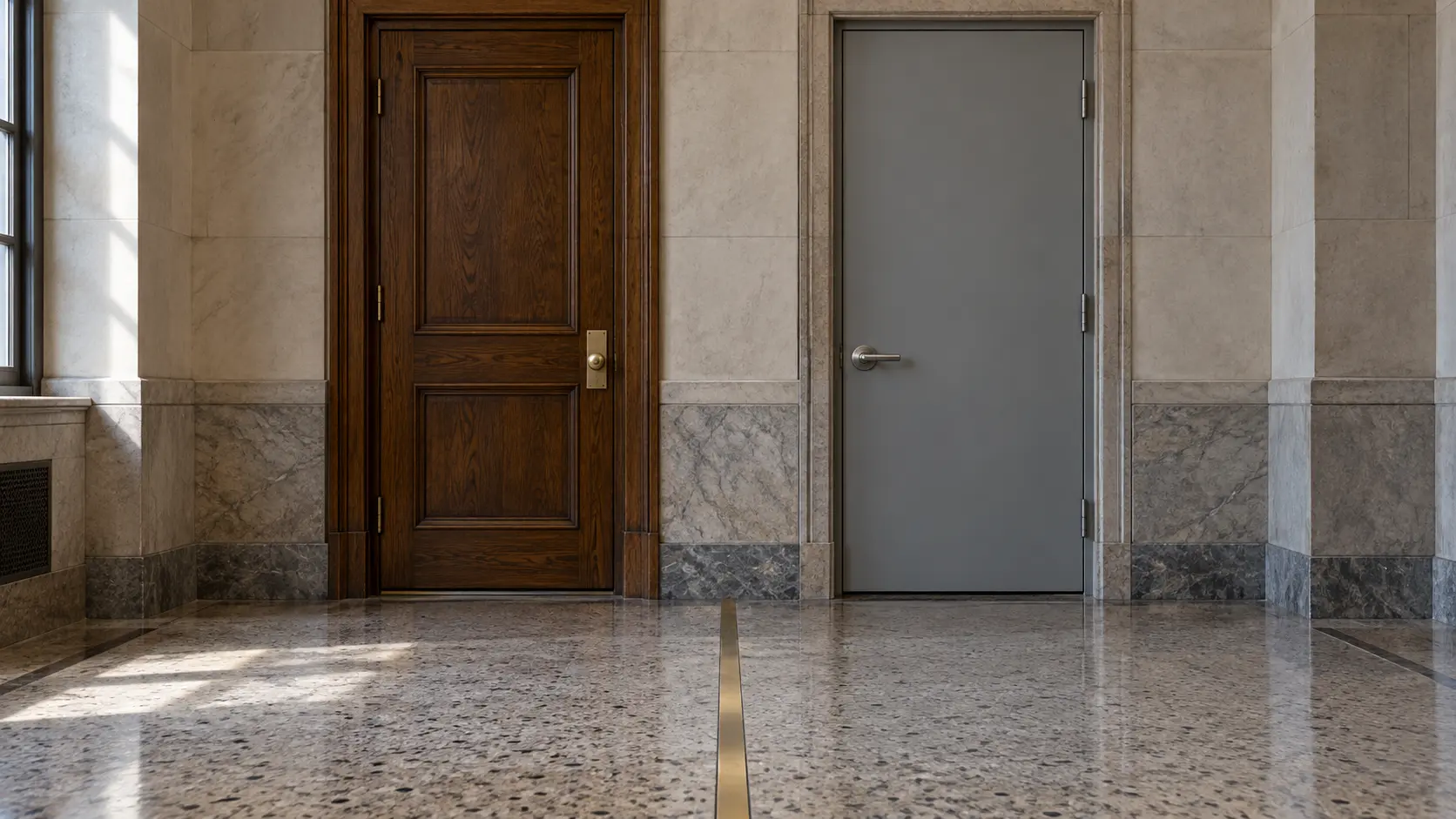 Deux portes voisines dans un couloir de palais de justice, l'une en chêne, l'autre grise