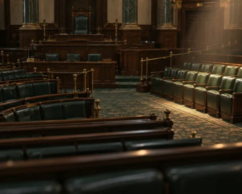 Neuf sièges éclairés à l'écart des rangées vides d'une salle d'assemblée