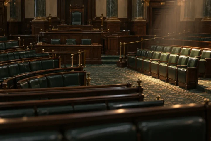 Neuf sièges éclairés à l'écart des rangées vides d'une salle d'assemblée