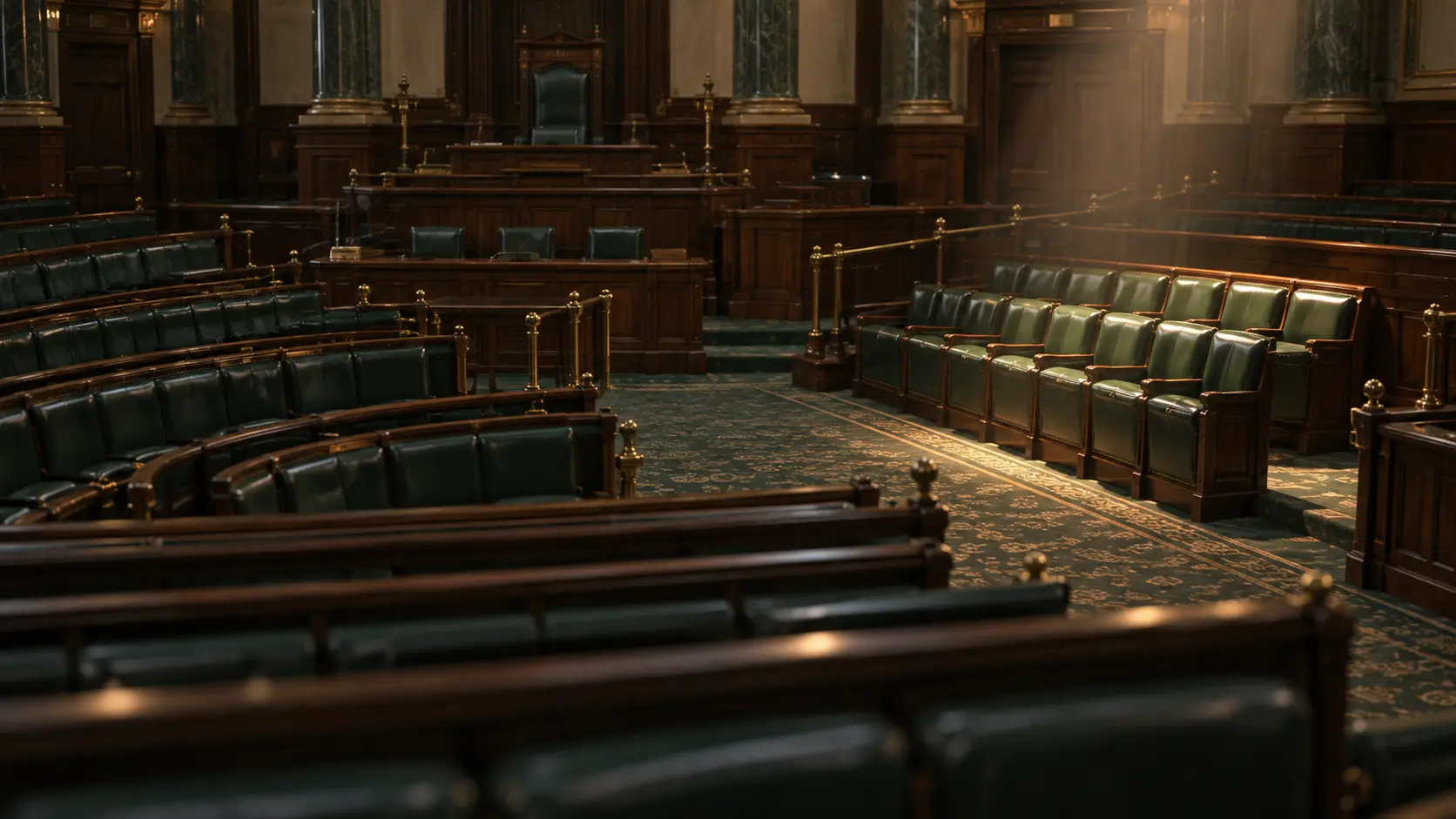 Neuf sièges éclairés à l'écart des rangées vides d'une salle d'assemblée
