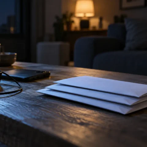 Trois avis empilés près d'un téléphone et d'écouteurs sur une table basse