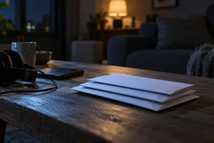 Trois avis empilés près d'un téléphone et d'écouteurs sur une table basse