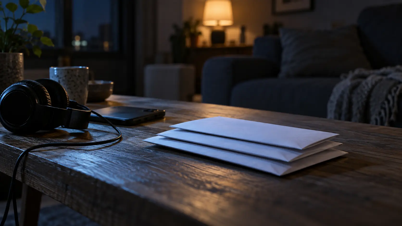 Trois avis empilés près d'un téléphone et d'écouteurs sur une table basse