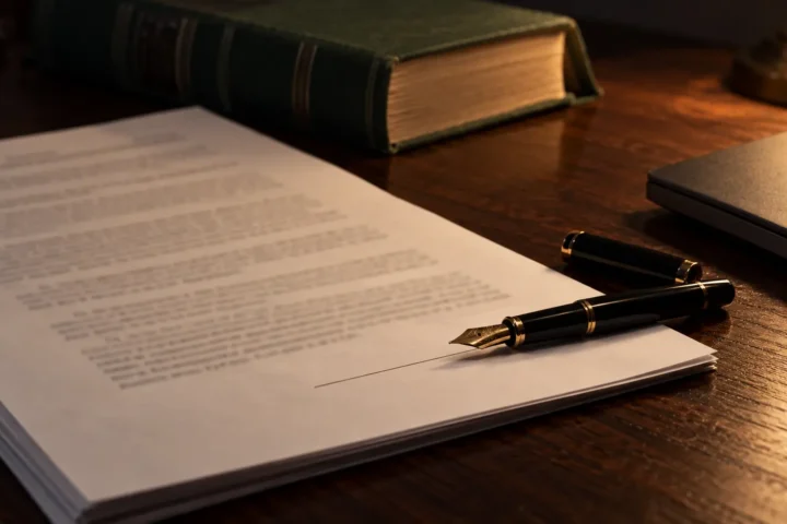 Stylo ouvert posé sur la ligne de signature d'un mémoire, recueil de jurisprudence à côté