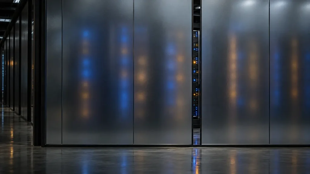 Cloison de verre givré ne laissant voir qu'une mince bande de serveurs éclairés