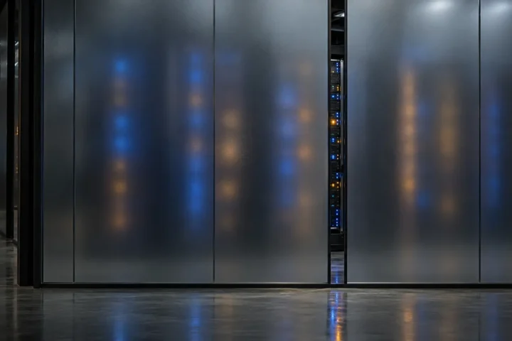 Cloison de verre givré ne laissant voir qu'une mince bande de serveurs éclairés