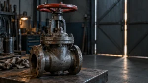 Vanne industrielle en acier à volant rouge, légèrement entrouverte, sur un établi d’atelier