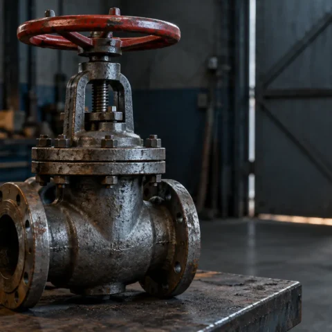 Vanne industrielle en acier à volant rouge, légèrement entrouverte, sur un établi d’atelier