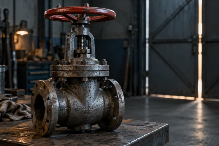 Vanne industrielle en acier à volant rouge, légèrement entrouverte, sur un établi d’atelier