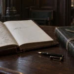 Registre de signatures ouvert à côté d’un second registre fermé et noué d’une cordelette
