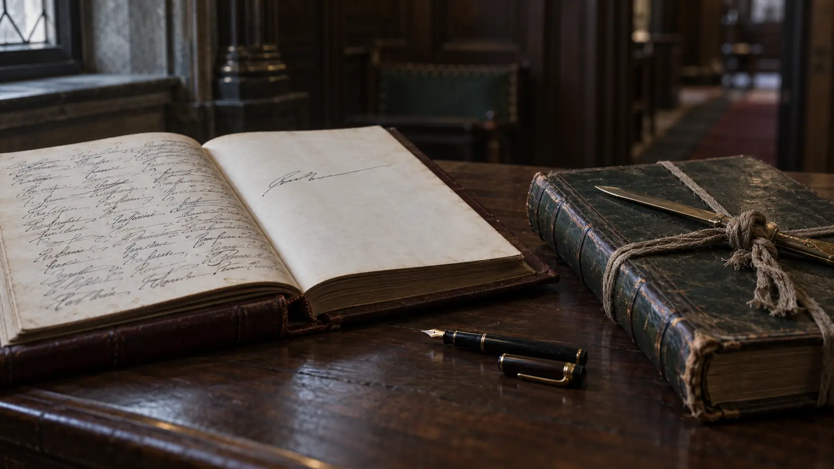 Registre de signatures ouvert à côté d’un second registre fermé et noué d’une cordelette