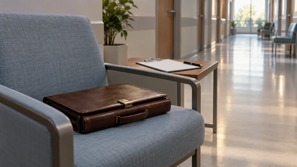 Mallette fermée posée sur une chaise dans une salle d’attente de clinique vide