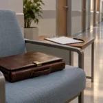Mallette fermée posée sur une chaise dans une salle d’attente de clinique vide