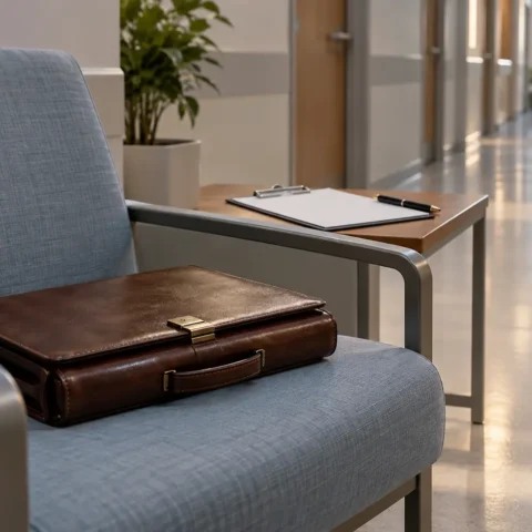 Mallette fermée posée sur une chaise dans une salle d’attente de clinique vide