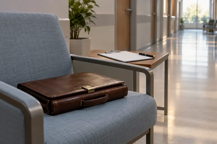 Mallette fermée posée sur une chaise dans une salle d’attente de clinique vide