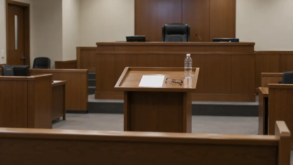 Salle d’audience vide des petites créances, vue depuis le lutrin réservé aux justiciables.
