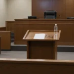 Salle d’audience vide des petites créances, vue depuis le lutrin réservé aux justiciables.