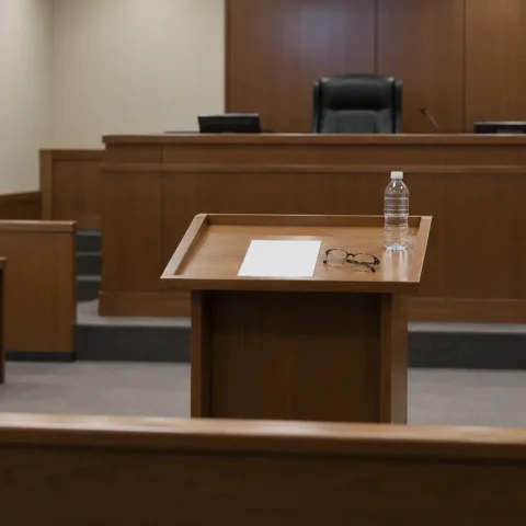 Salle d’audience vide des petites créances, vue depuis le lutrin réservé aux justiciables.
