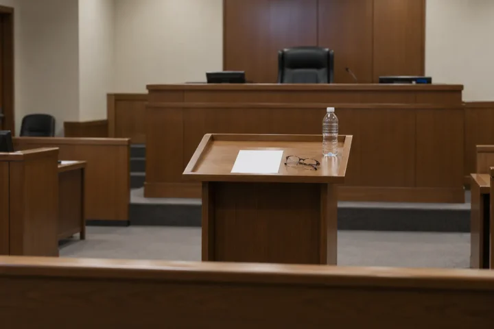 Salle d’audience vide des petites créances, vue depuis le lutrin réservé aux justiciables.