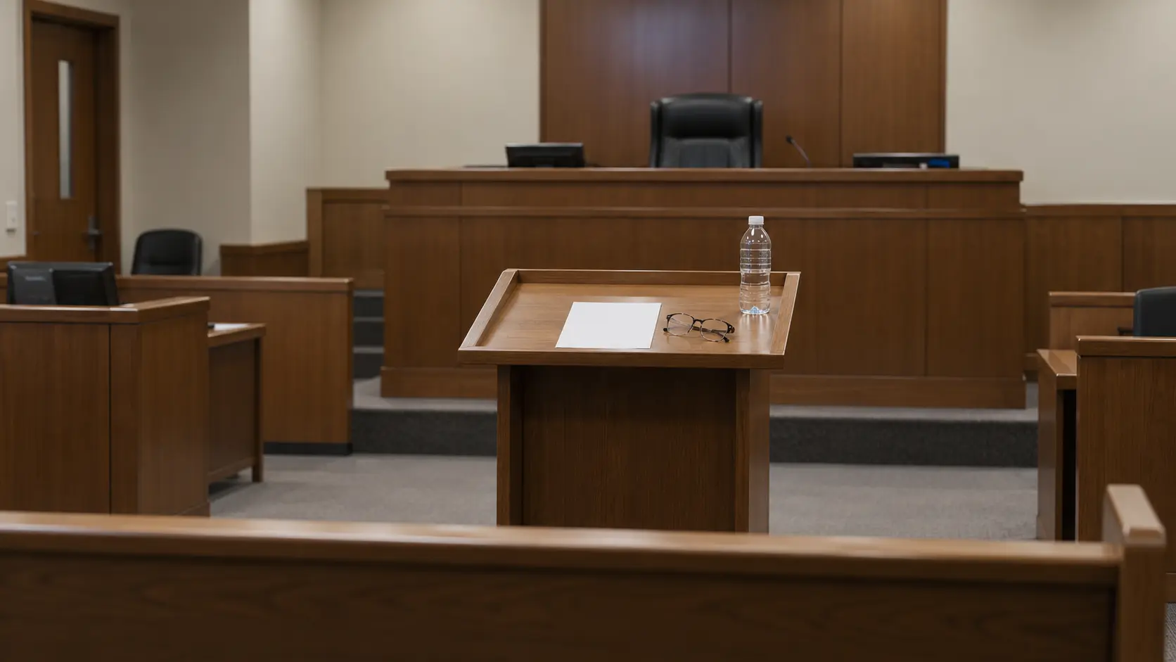 Salle d’audience vide des petites créances, vue depuis le lutrin réservé aux justiciables.