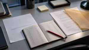 Une lettre presque vide posée à côté d’une page de notes dense et d’un registre bancaire ouvert, sur un bureau gris.