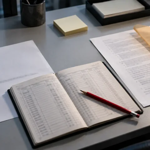 Une lettre presque vide posée à côté d’une page de notes dense et d’un registre bancaire ouvert, sur un bureau gris.