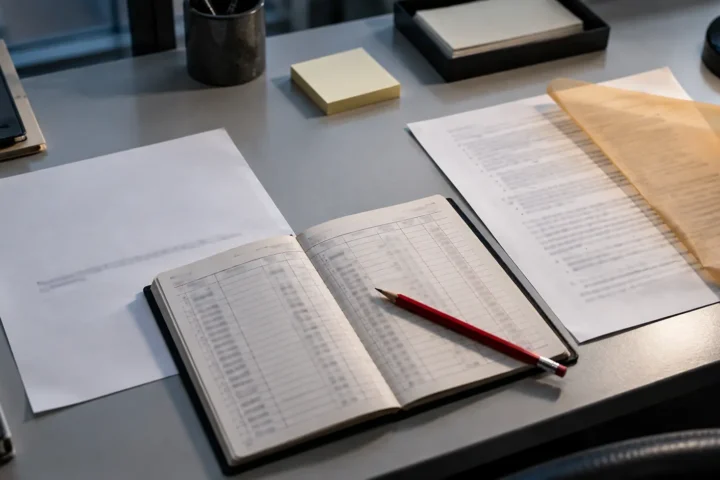 Une lettre presque vide posée à côté d’une page de notes dense et d’un registre bancaire ouvert, sur un bureau gris.