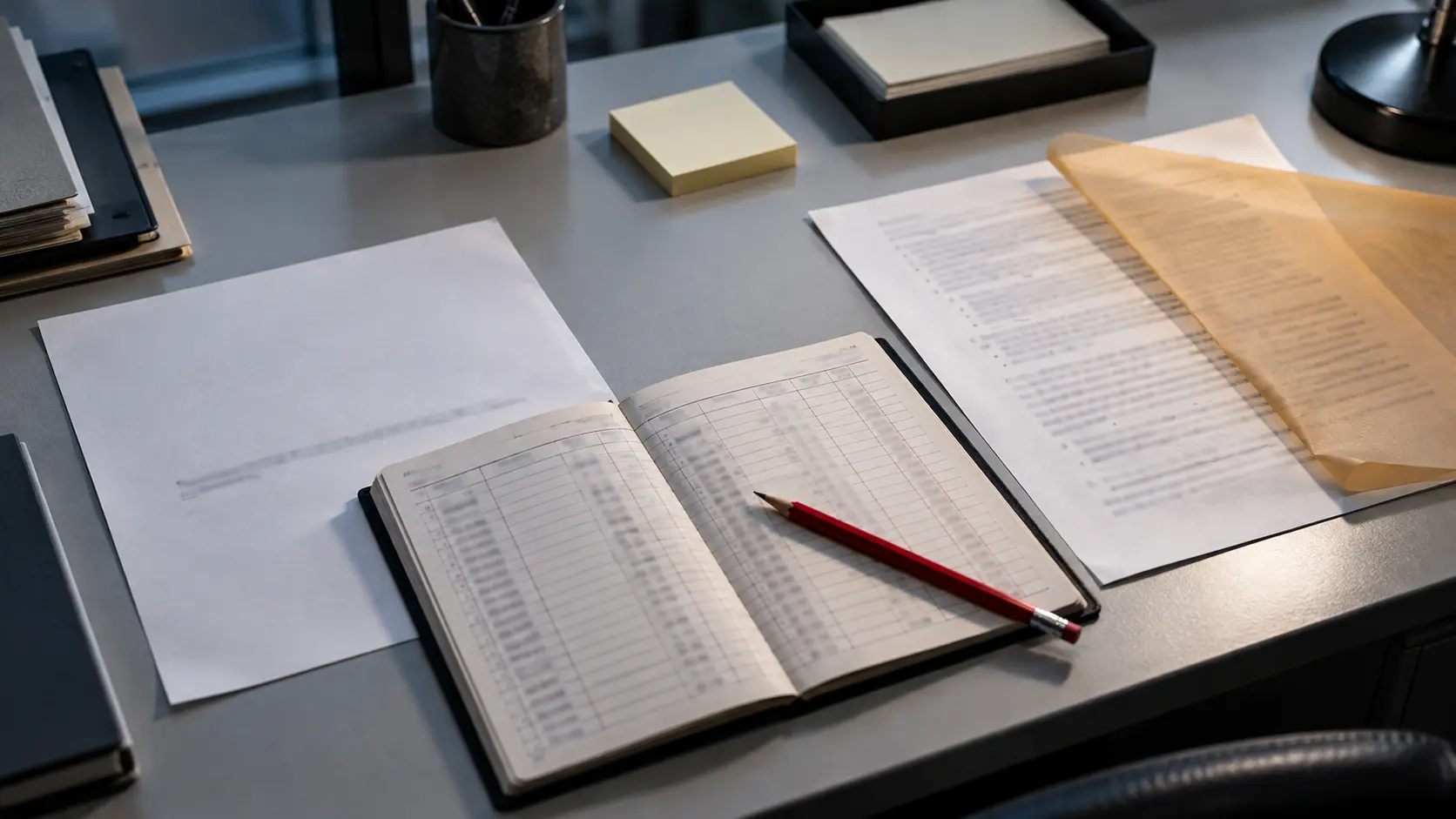 Une lettre presque vide posée à côté d’une page de notes dense et d’un registre bancaire ouvert, sur un bureau gris.