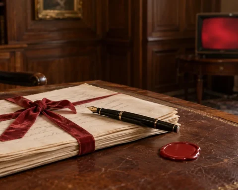 Liasse de documents scellés et stylo-plume près d'un petit téléviseur allumé dans un bureau boisé