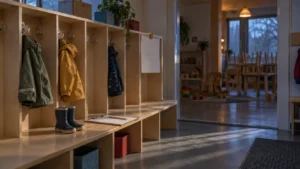 Un vestiaire de centre de la petite enfance vide au petit matin, des crochets presque tous libres au-dessus de petites bottes de pluie.