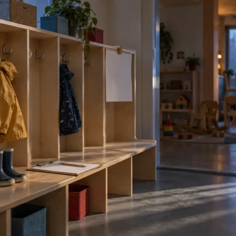 Un vestiaire de centre de la petite enfance vide au petit matin, des crochets presque tous libres au-dessus de petites bottes de pluie.