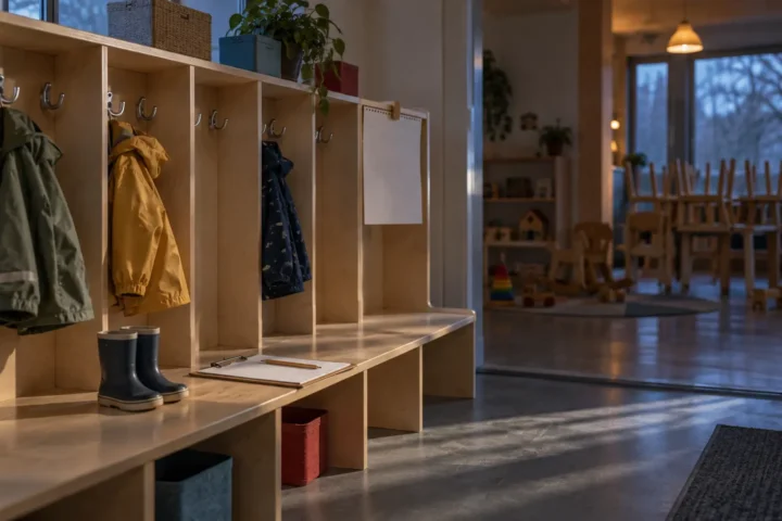 Un vestiaire de centre de la petite enfance vide au petit matin, des crochets presque tous libres au-dessus de petites bottes de pluie.