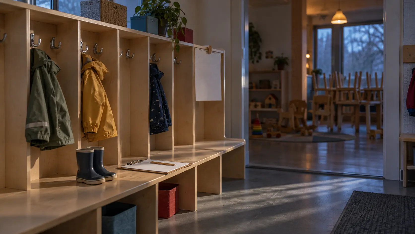 Un vestiaire de centre de la petite enfance vide au petit matin, des crochets presque tous libres au-dessus de petites bottes de pluie.