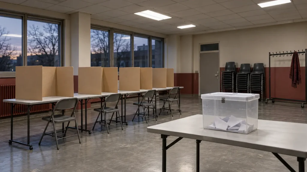Isoloirs en carton et urne scellée dans une salle syndicale vide