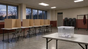 Isoloirs en carton et urne scellée dans une salle syndicale vide