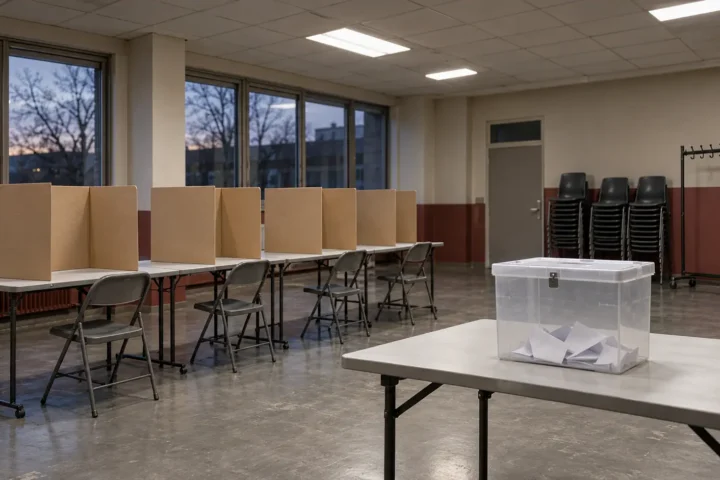 Isoloirs en carton et urne scellée dans une salle syndicale vide