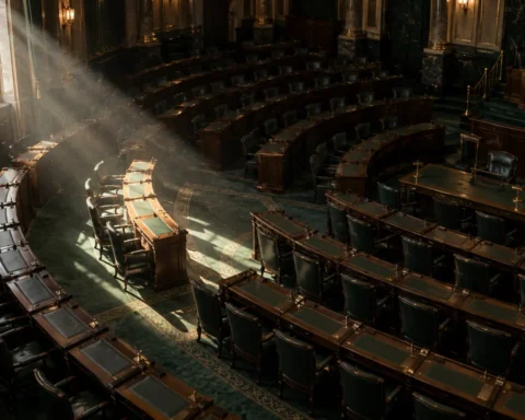 Cinq fauteuils vides éclairés par un rai de lumière dans une salle parlementaire sombre