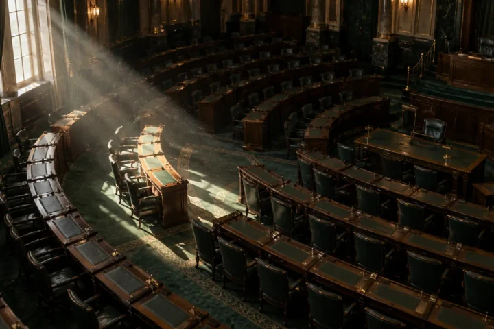 Cinq fauteuils vides éclairés par un rai de lumière dans une salle parlementaire sombre