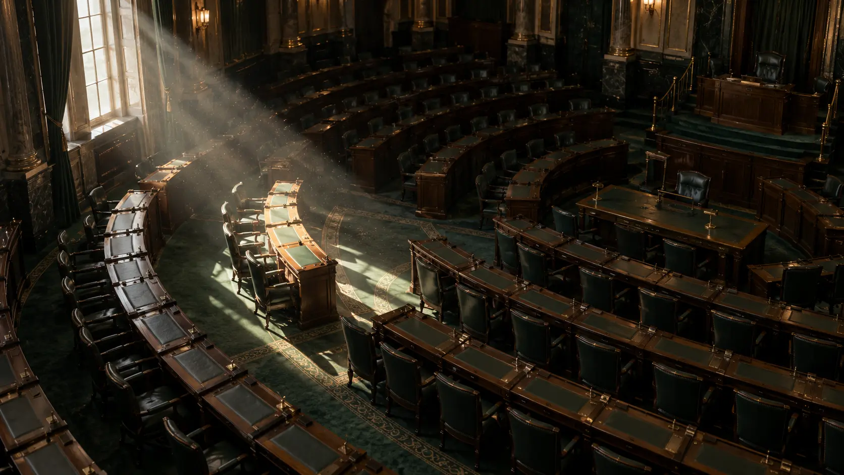 Cinq fauteuils vides éclairés par un rai de lumière dans une salle parlementaire sombre