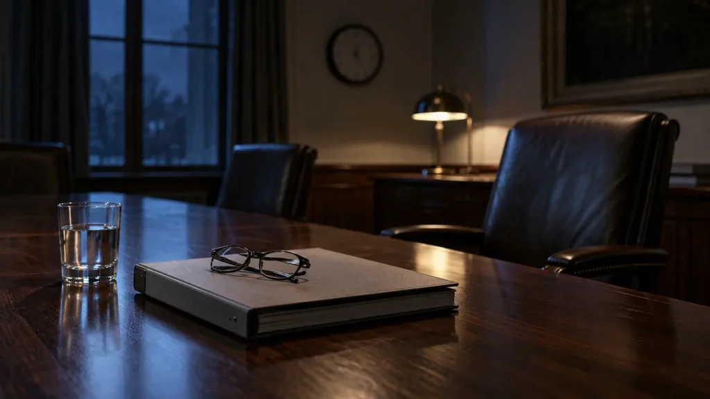 Table de réunion déserte la nuit, un cartable fermé et des lunettes posés dessus