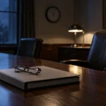 Table de réunion déserte la nuit, un cartable fermé et des lunettes posés dessus
