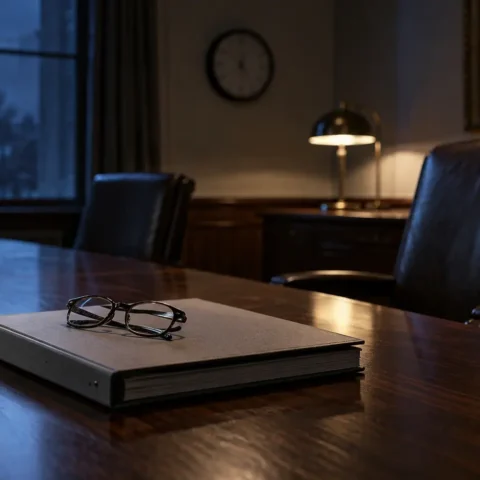 Table de réunion déserte la nuit, un cartable fermé et des lunettes posés dessus
