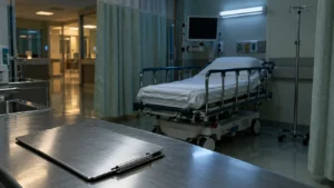 Salle de réveil d'hôpital vide, civière faite et porte-documents retourné sur le comptoir