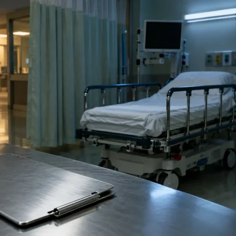 Salle de réveil d'hôpital vide, civière faite et porte-documents retourné sur le comptoir