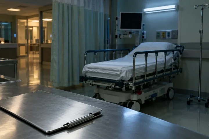 Salle de réveil d'hôpital vide, civière faite et porte-documents retourné sur le comptoir