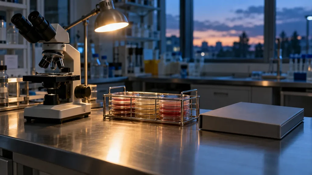 Paillasse de laboratoire déserte avec microscope, boîtes de culture et classeur fermé